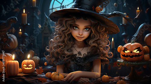 Cartoon Girl Character Standing in a Pumpkin-Filled Room with Candles and a Witch Head - Generative AI, Generatieve, AI