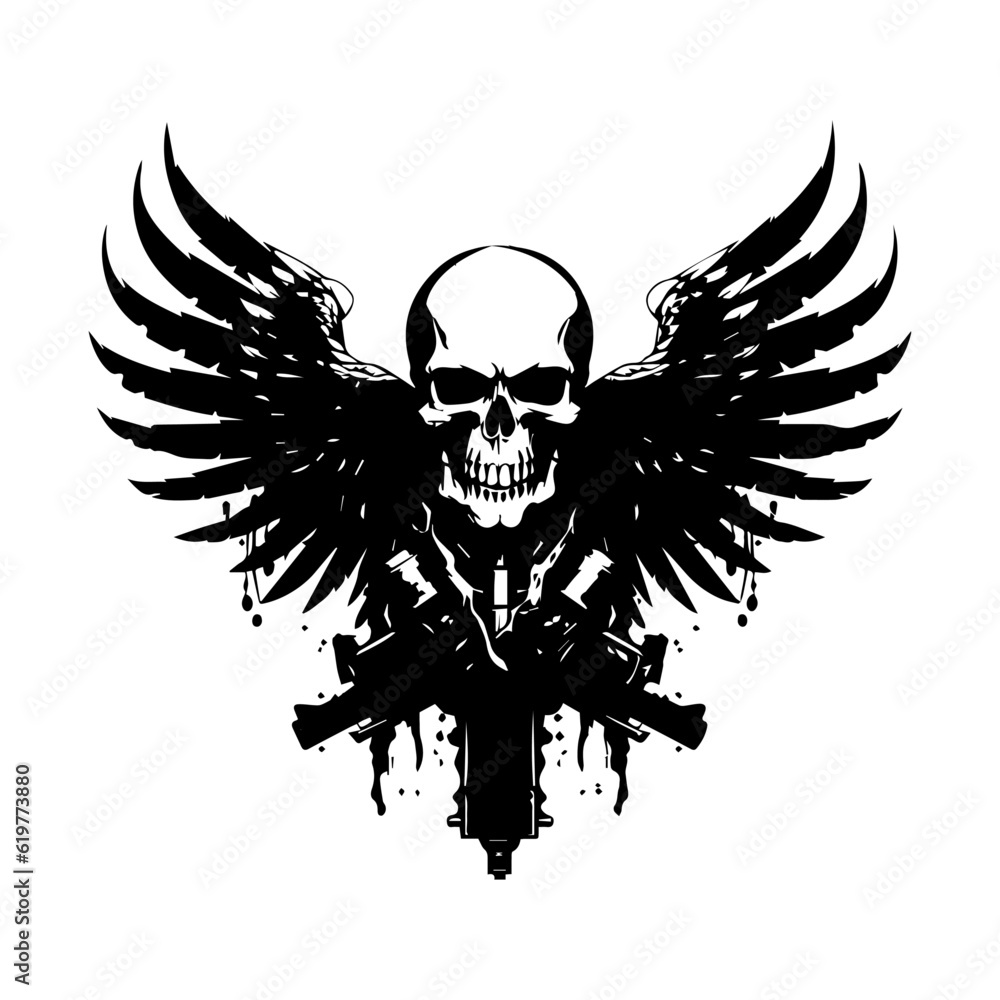 Fototapeta premium Skull with wings, vector art, isolated on white background, vector illustration.