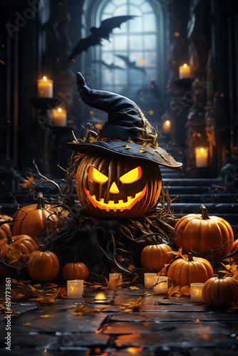 Wicked Harvest: Halloween Illustration of a Pumpkin with a Witch Head - Generative AI, Generatieve, AI