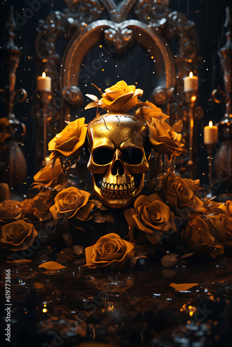 Gilded Macabre  Golden Skull Illustration for Halloween with Rich elements and golden roses - Generative AI  Generatieve  AI