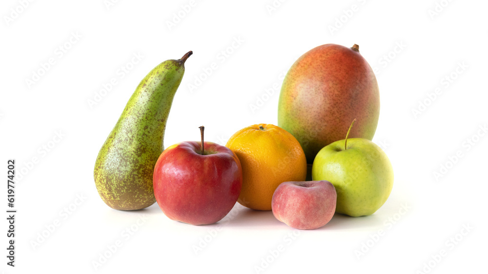 fresh fruit group - apple green and red, pear, mango and orange, lie on a white table, isolated fresh fruit group - apple green and red, pear, mango and orange, lie on a white table, isolated