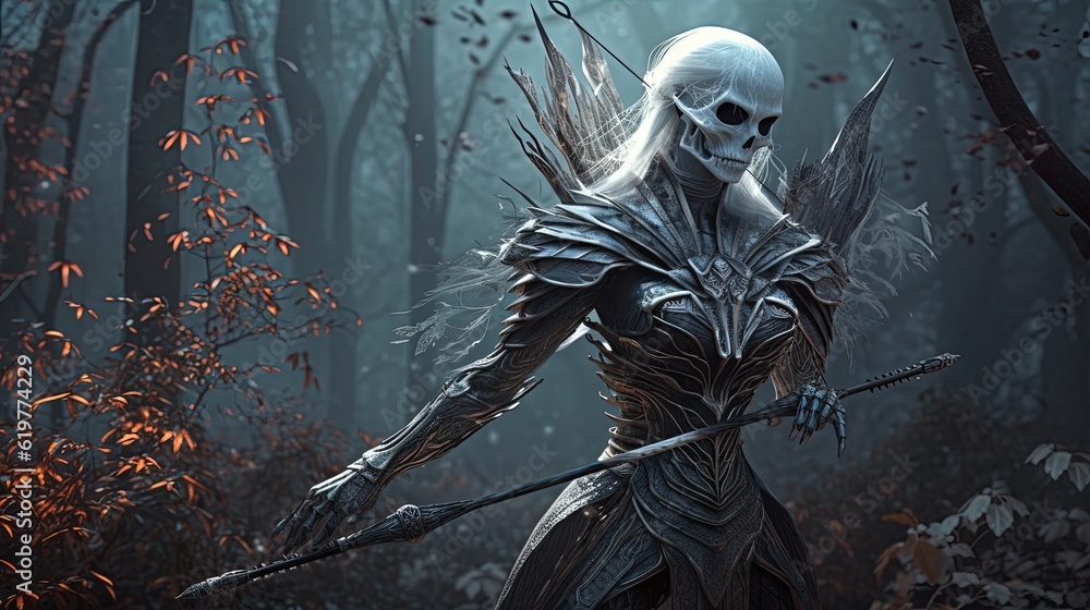 Female skeleton warrior in forest. Generative AI Female skeleton warrior in forest. Generative AI