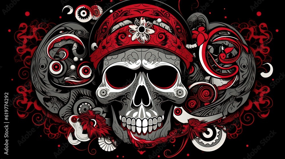 Skull and crossbones in red, black and white colors.. Generative AI Skull and crossbones in red, black and white colors.. Generative AI