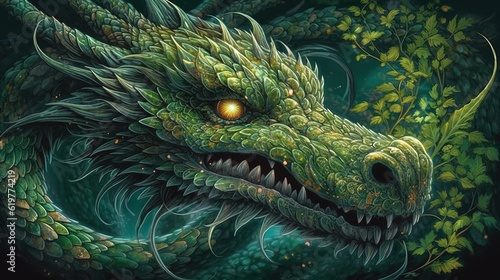 Green fantasy dragon. Generative AI