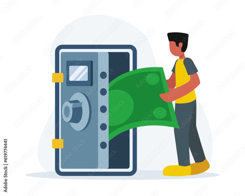Man standing near safe, holding banknote and making bank deposits. Concept of saving money. Business investment profit and valuable economic resources. Vector illustration in blue colors Man standing near safe, holding banknote and making bank deposits. Concept of saving money. Business investment profit and valuable economic resources. Vector illustration in blue colors