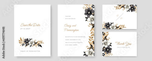 Vector wedding invitation template with beautiful watercolor leaf and flowers