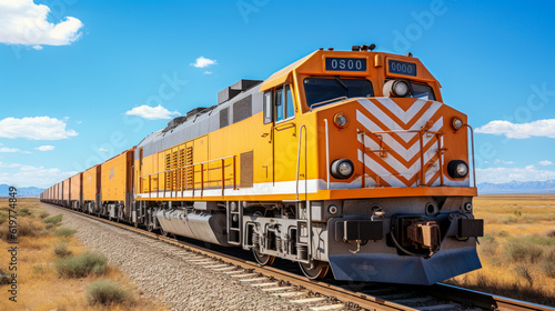 Blue Sky Cargo: Freight Train Locomotive Transporting Goods on a Sunny Day