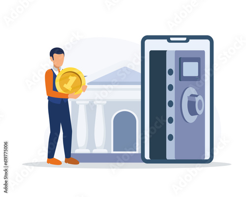 Man standing near safe and holding big coin. Concept of secure finance management. Getting financial success and money growth. Vector flat illustration in blue colors