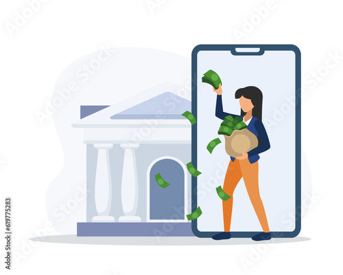 Young female standing near phone, holding money and getting profits from money savings in bank. Business investment profit and valuable economic resources. Budget management methods. Vector