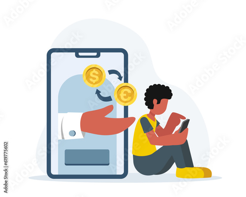 Young male holding smartphone and making bank deposits. Concept of saving money. Business investment profit and valuable economic resources. Vector illustration in blue colors