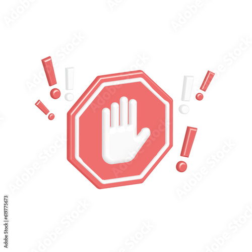 Realistic, red, negative 3D stop sign with voluminous, open hand, palm in octagon. Alarm, prohibition. Hazard warning, restrictions with vector, exclamation marks on internet.