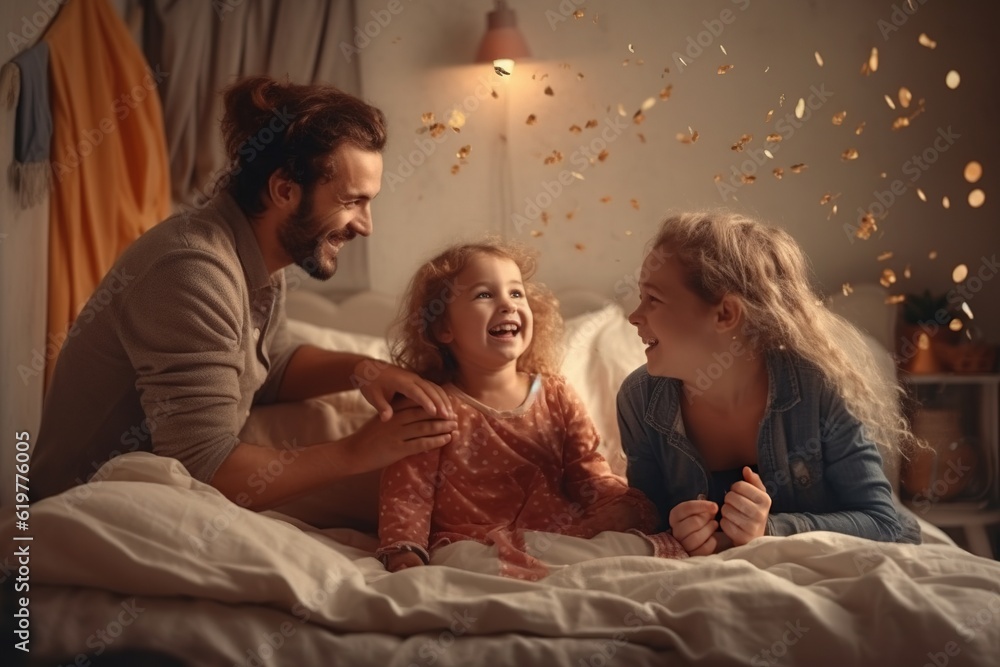 Father having fun with his two daughters on bed in the bedroom.