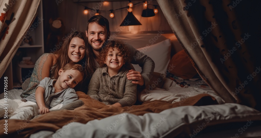 Happy family bonding on bed in the bedroom at night. Happy family bonding on bed in the bedroom at night.