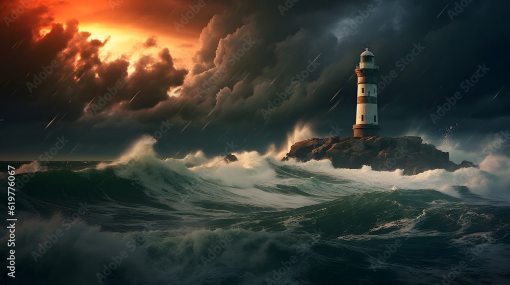 Spectacular lighthouse provide light during a large storm on the seashore.