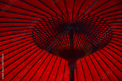 Inside photo of a bright red Japanese umbrella.