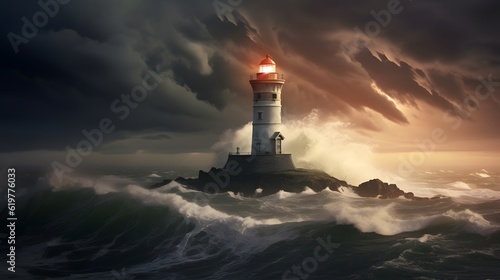 Spectacular lighthouse provide light during a large storm on the seashore.