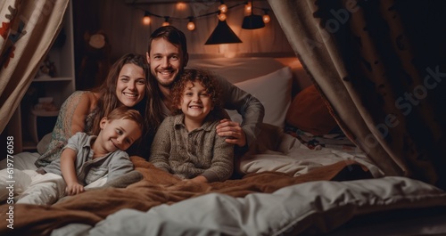 Happy family bonding on bed in the bedroom at night. © FutureStock