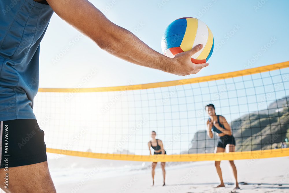 Start, team and man with a volleyball at the beach for summer sports, fitness and game. Hand, friends and people ready for cardio, workout or a competition at the ocean in spring for fun and training