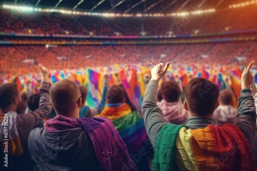 Back view crowd fans with rainbow flags on stadium. © FutureStock