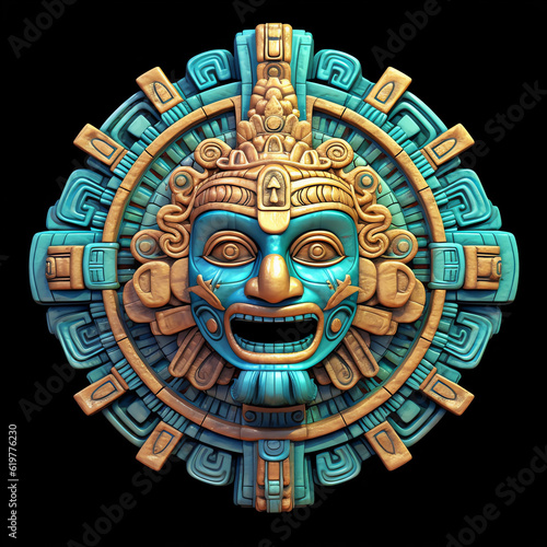 A gold Inca Mayan Aztec god head metal emblem. 3D style artifact metal badge. Coat of arms Inca god head. Inca god head metal insignia. Mayan badge. Ancient Medallion. Apu God