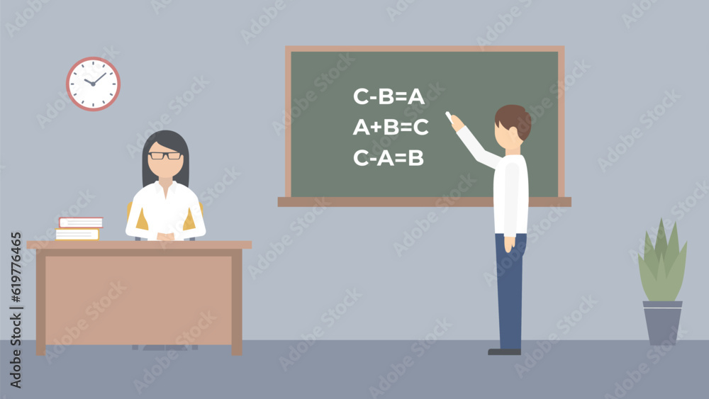 Knowledge and education learning. A math lesson in a school or university. Teacher is sitting in the classroom, and a boy is writing the answer on the blackboard. Knowledge and education learning. A math lesson in a school or university. Teacher is sitting in the classroom, and a boy is writing the answer on the blackboard.