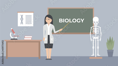Biology lesson illustration. Anatomy class vector. The teacher at the blackboard explains the subject. Study with a skeleton and a microscope.
