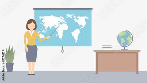 Geography class. The teacher is standing at the blackboard. A world map and globe in the geography classroom. Modern vector.