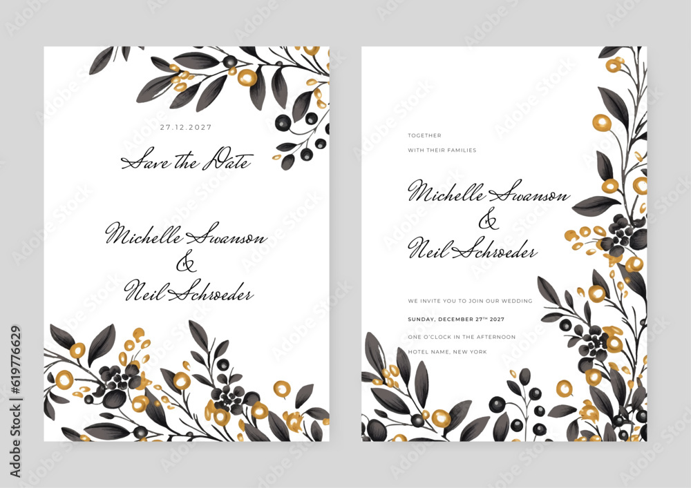 Fototapeta premium Elegant wedding invitation card template with watercolor and floral decoration.