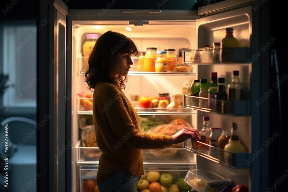 Beautiful young woman looking inside refrigerator at night.