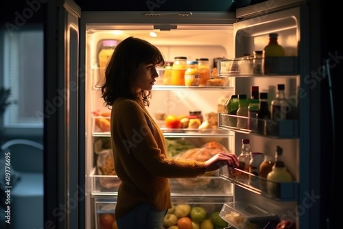 Beautiful young woman looking inside refrigerator at night. © FutureStock