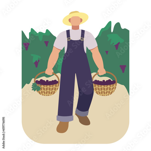 Young man in uniform holding baskets with grapes and walking in garden. Wine production industry. Process of harvesting grapes to make wine. Vector flat illustration in blue and green colors