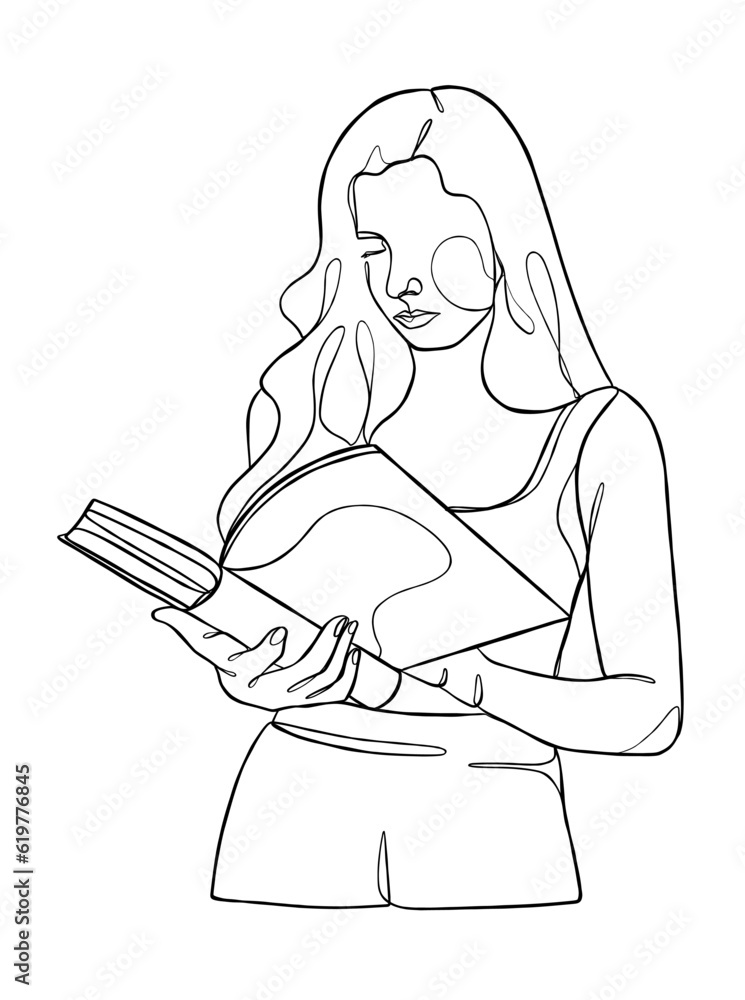 Continuous one line drawing of a woman reading a book. Vector illustration.