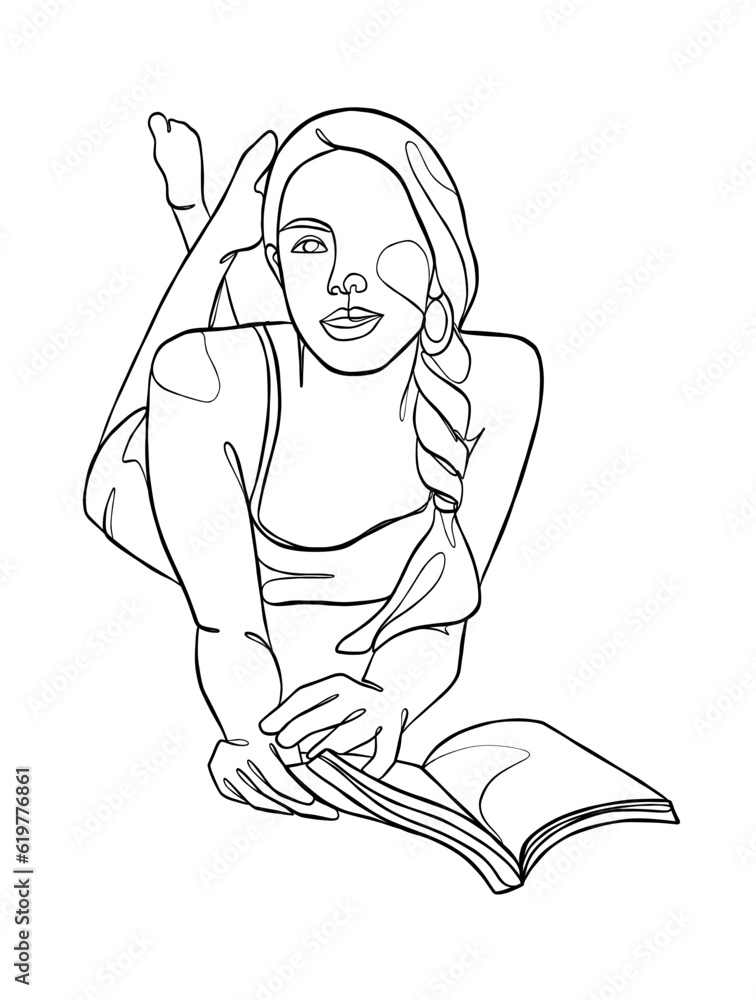 Continuous one line drawing of a woman reading a book. Vector illustration. Continuous one line drawing of a woman reading a book. Vector illustration.