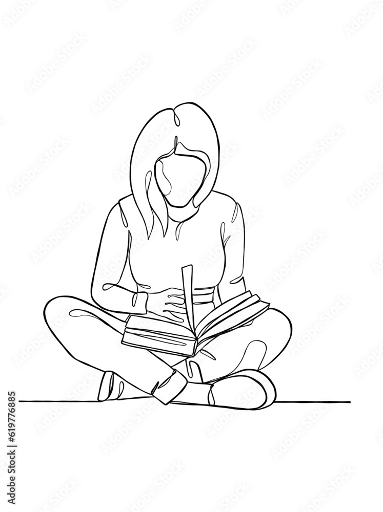 Continuous one line drawing of a woman reading a book. Vector illustration. Continuous one line drawing of a woman reading a book. Vector illustration.