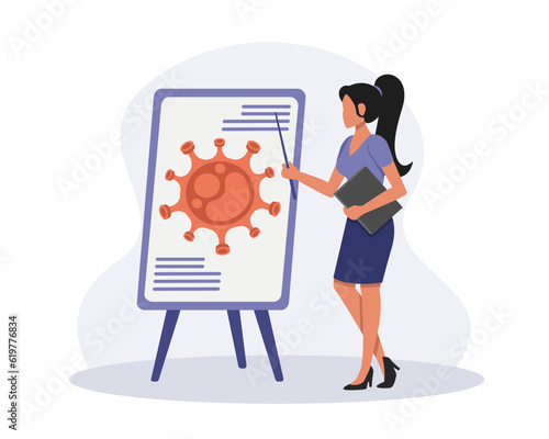 Lady in office clothes standing near board with virus emblem. Protection from pandemic outbreak. Concept of antiviral vaccination. Boosting immune system health. Vector flat illustration