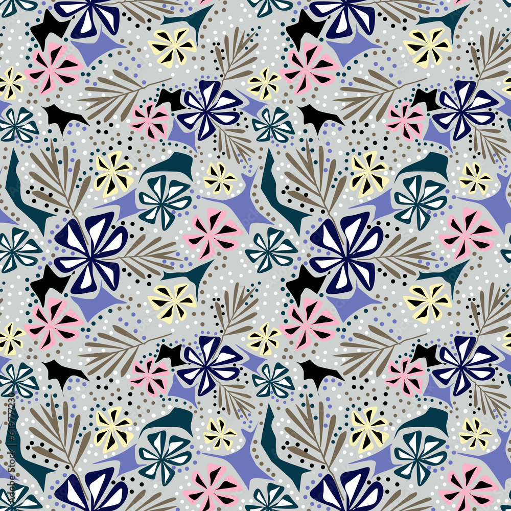 custom made wallpaper toronto digitalSeamless retro floral pattern. Multicolored flowers on a light gray background with polka dots.