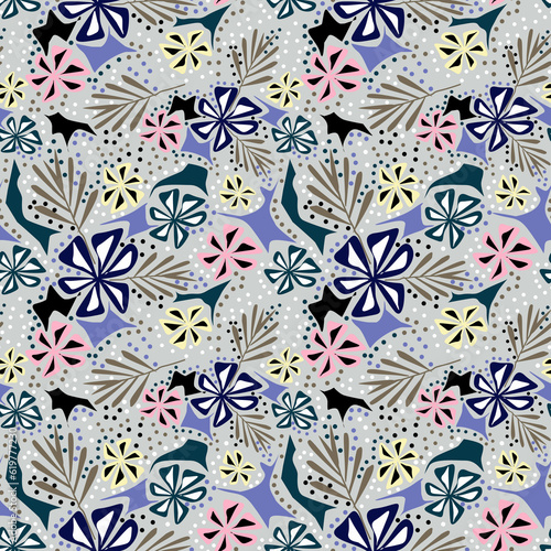 Wallpaper Mural Seamless retro floral pattern. Multicolored flowers on a light gray background with polka dots. Torontodigital.ca