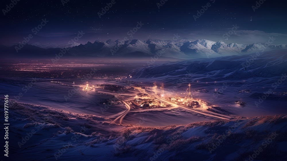 View from top of the night winter mountains. Generative AI View from top of the night winter mountains. Generative AI
