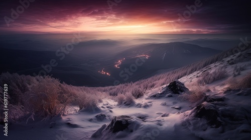 View from top of the night winter mountains. Generative AI