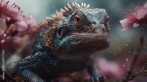 Mesmerizing lizard and cherry blossom created with Generative AI 