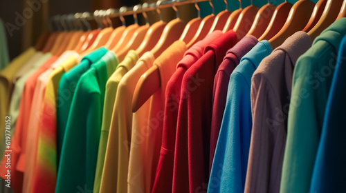Clothes of different colors on hangers, generative AI.
