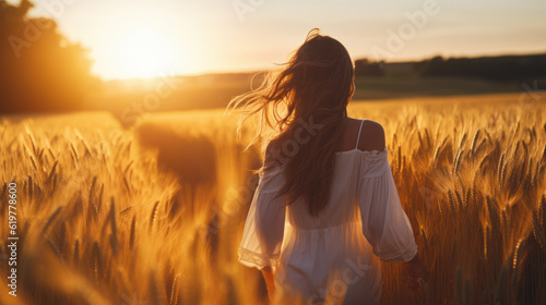 pretty young girl or woman on wheat field. lifestyle in countryside