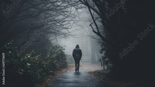 lonely person walking on moody path. solitude and melancholy