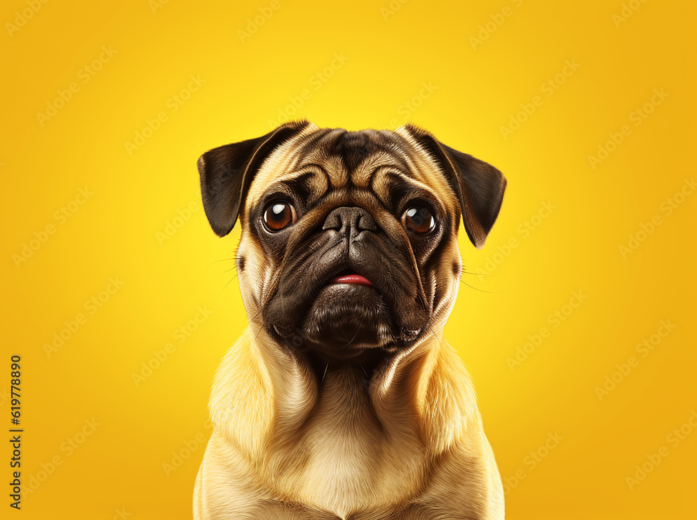 Dog pug,winks,with a big smile, sitting on a white background, generative Ai. Dog pug,winks,with a big smile, sitting on a white background, generative Ai.