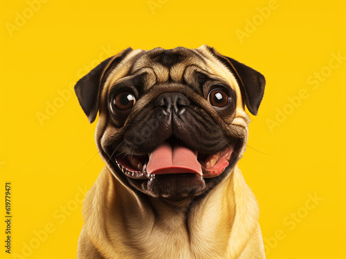 Dog pug,winks,with a big smile, sitting on a white background, generative Ai. © Egor