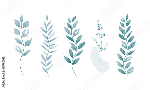 Set botanic watercolor floral illustration set, blue leaves. For wedding invitations, anniversary, birthday, prints, posters. © Valeriya