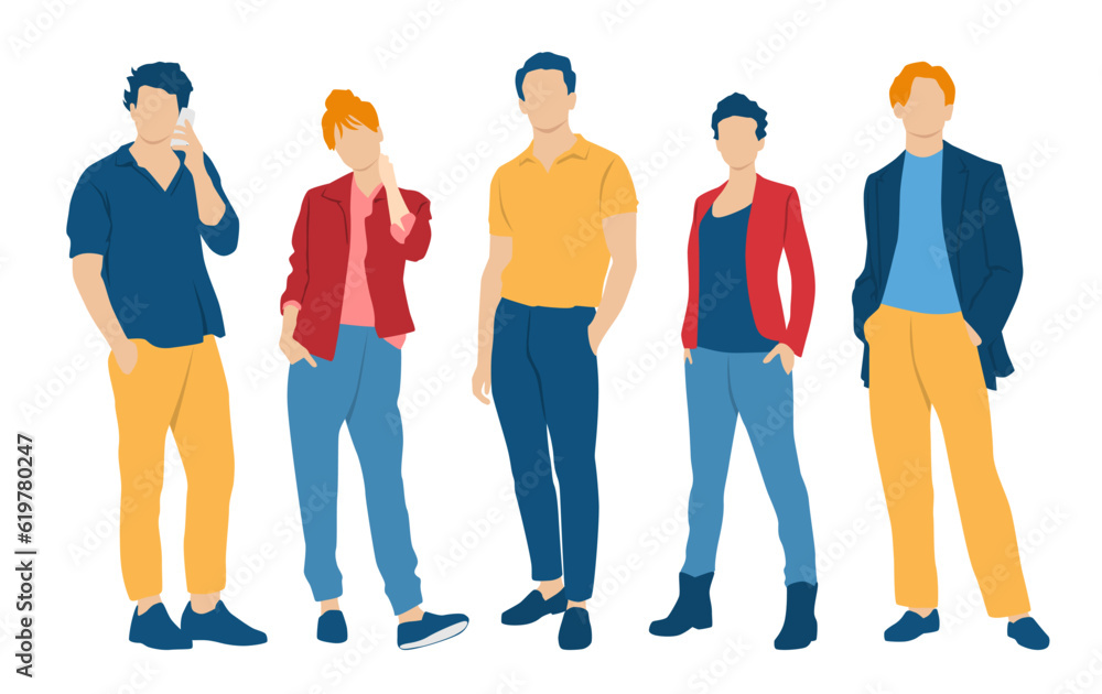 Obraz premium Set of young men and women, different colors, cartoon character, group of silhouettes of standing business people, students, the design concept of flat icon, isolated on white background