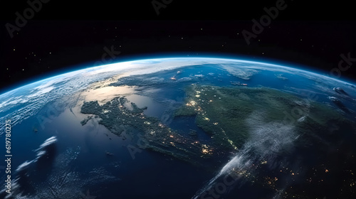 Fototapeta Naklejka Na Ścianę i Meble -  Map of Europe on a global satellite photo, generative AI.