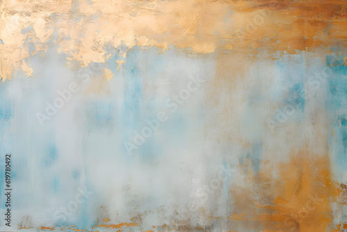 Acrylic blue and golden background. Abstract painting for banner, website, texture. Oil art with aquamarine and gold, glimmering, light orange and bronze, light gold and white, sleek metallic finish