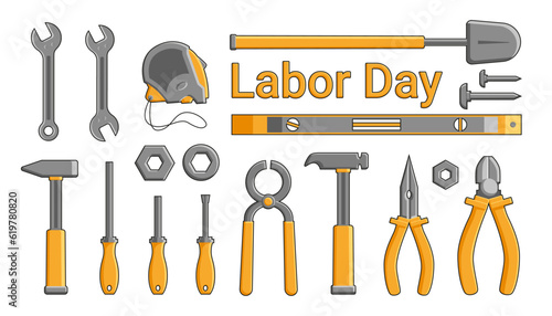 Stock vector illustration set of isolated building tools, construction and building equipment, cartoon vector design elements.